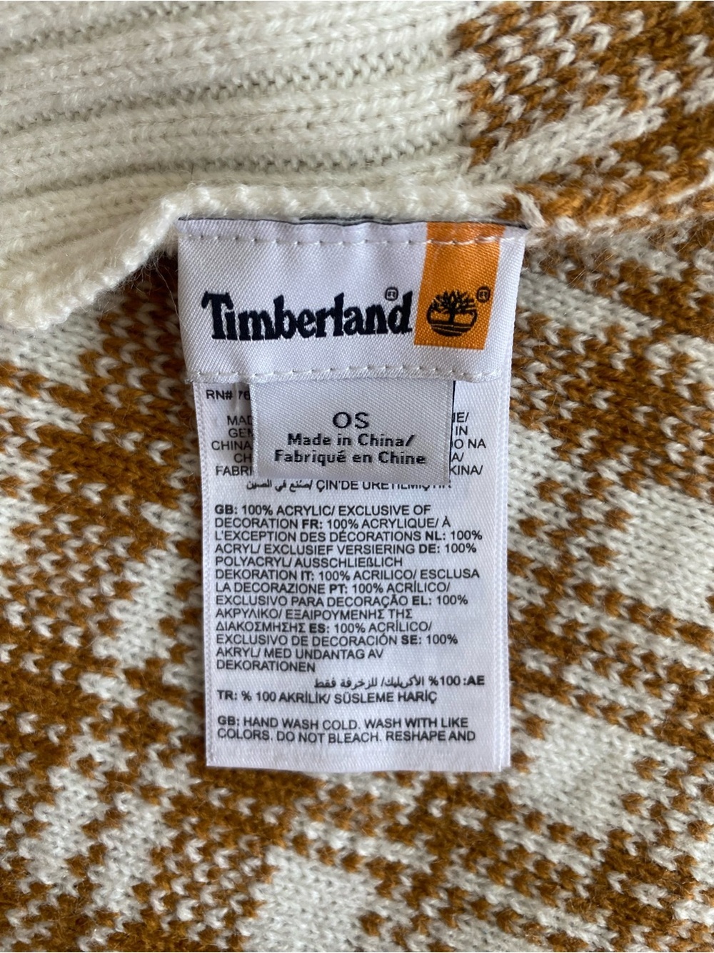 Timberland Brown Cream Plaid Knit Scarf Acrylic Winter Unisex Logo Patch - Picture 4 of 5